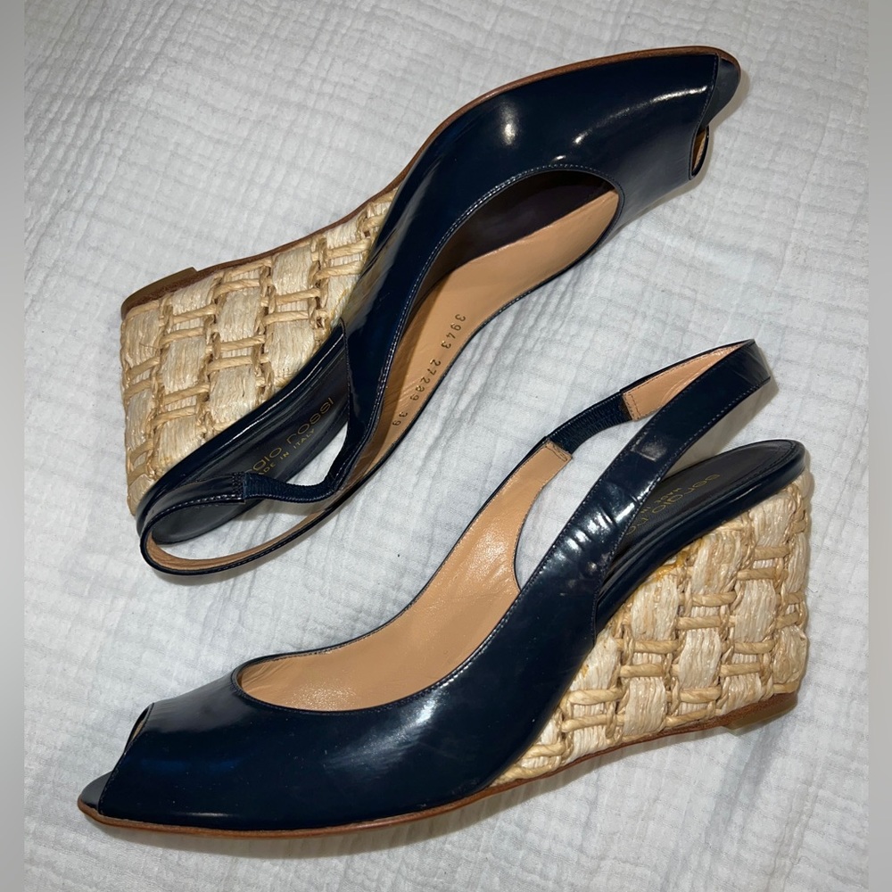 Sergio Rossi Navy Leather Slingback Raffia Wedge Heels Size 39